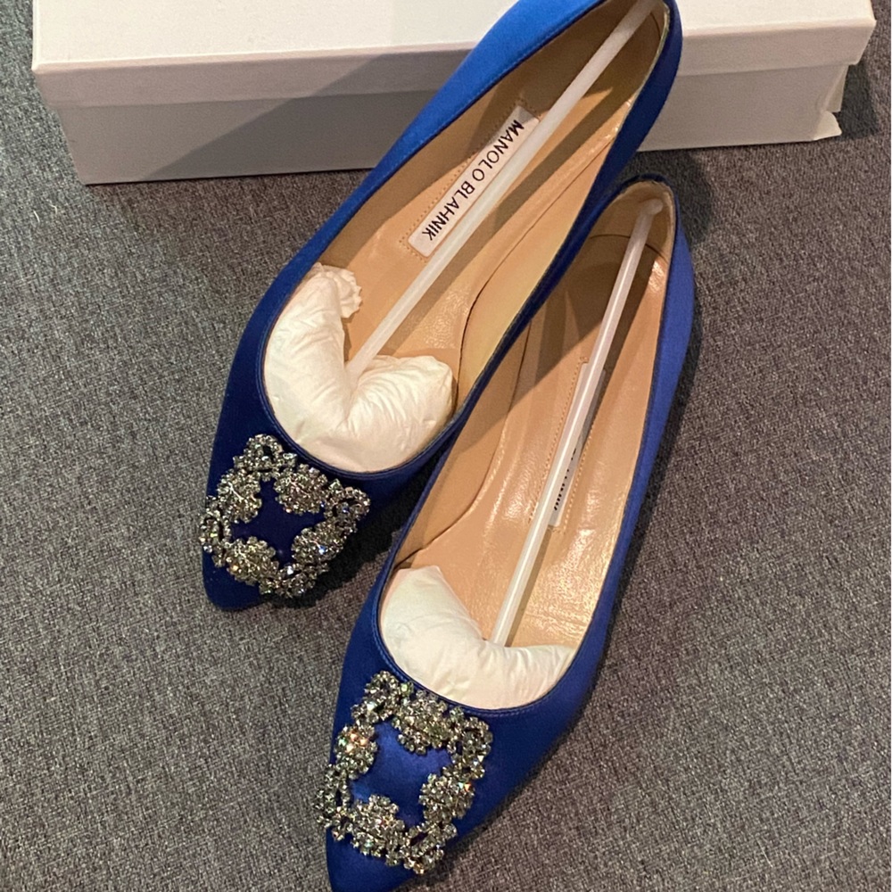 Manolo Blahnik Hangisi Crystal-Buckle Satin Flat Blue 37